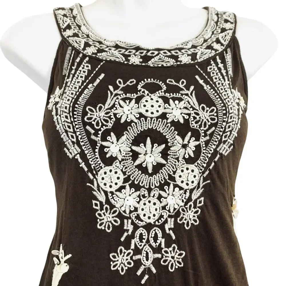 Charter Club Petite Womens Brown Beaded Embroidered Sleeveless Dress PP XS